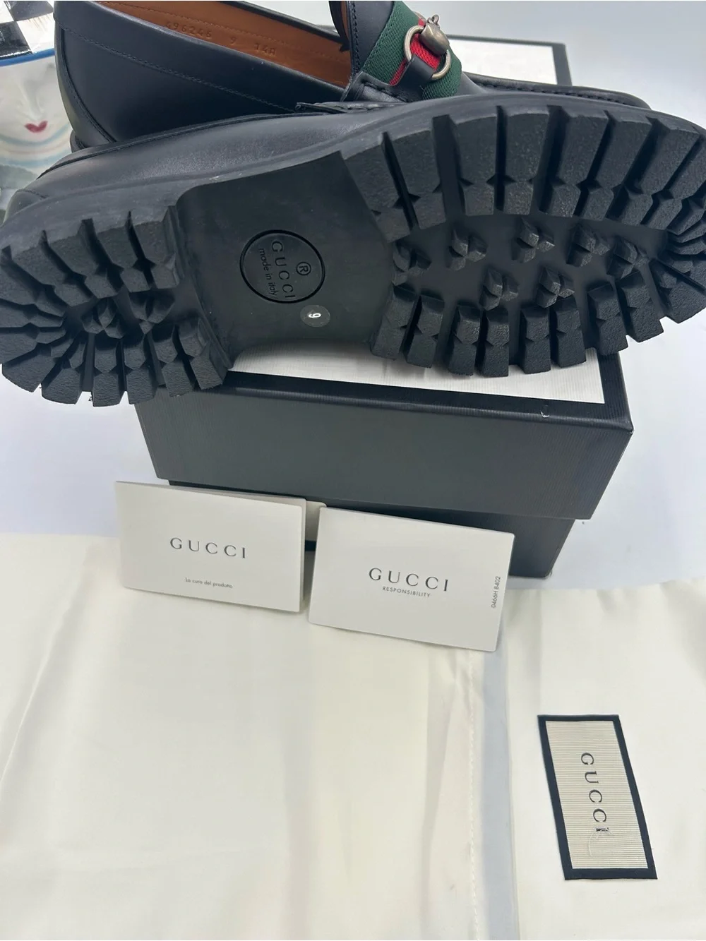 Men's Gucci lug sole web stripe horse bit loafers size 9 fits 9.5 US made Italy